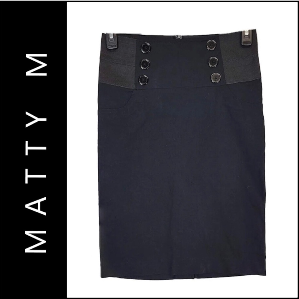Vintage MATTY M Big Sailor Buttons Black Pencil Stretch 90s Skirt Size 6